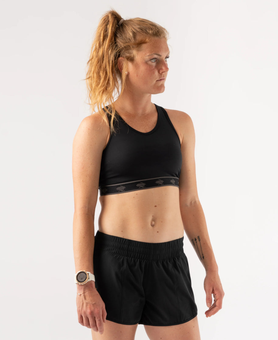 Utili Bra-Vo by Rabbit in black, multifunctional sports bra with laser-cut pocket, minimizing bounce for confident running and active wear.
