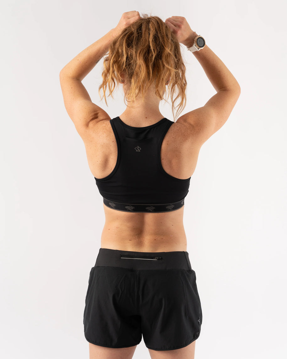 Utili Bra-Vo by Rabbit in black, multifunctional sports bra with laser-cut pocket minimizing bounce for running and outdoor activities