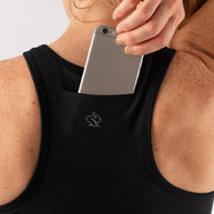 Utili Bra-Vo by Rabbit in black, multifunctional sports bra with laser-cut back pocket for essentials, minimizing bounce for running