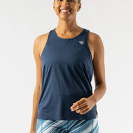 Race Pace Tank - Women by Rabbit in navy blue with breathable laser-cut perfs and microtextured inside, ideal for running and training
