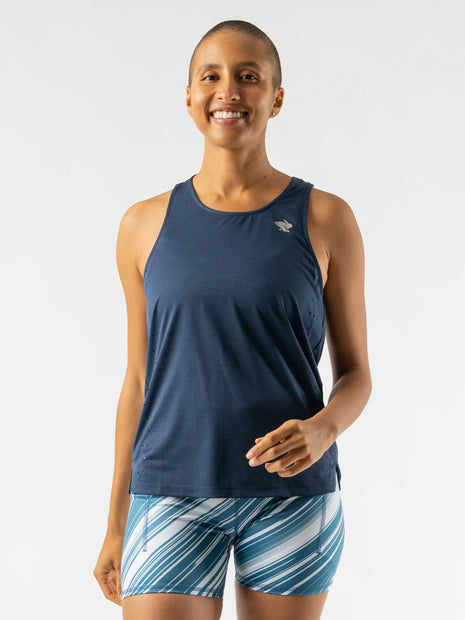 Race Pace Tank - Women by Rabbit in navy blue with breathable laser-cut perfs and microtextured inside, ideal for running and training