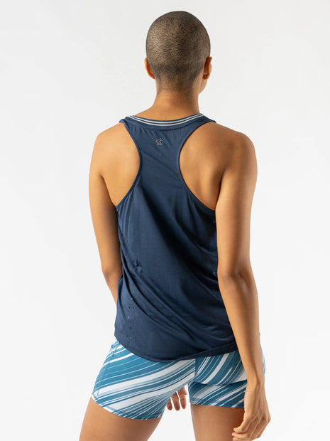 Race Pace Tank - Women by Rabbit in navy with breathable laser-cut perfs and microtextured inside, ideal for running and training.