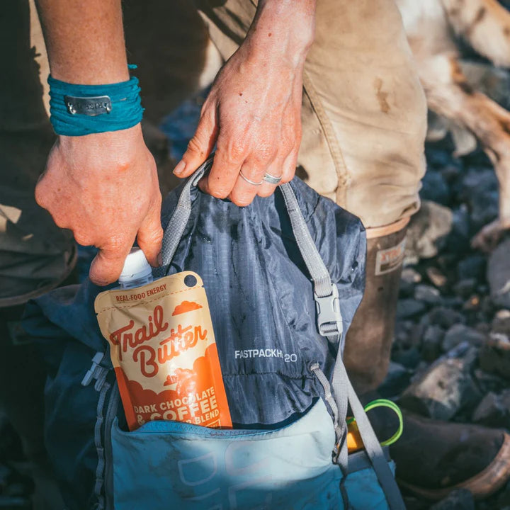 Butter - Dark Chocolate & Coffee by Trail Butter in brown and orange pouch, energizing nut butter with dark chocolate and coffee for outdoor activities