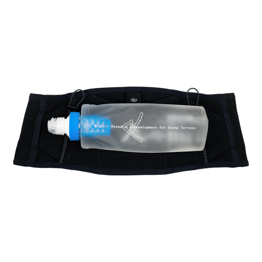 650mL Locking Flask by Raide Research in clear and blue with locking cap to prevent leaks, ideal for running and outdoor use