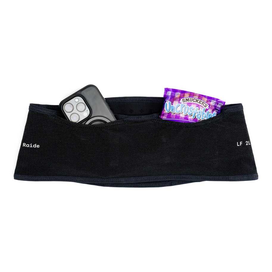 LF 2L Running Belt by Raide Research in black with suspension system, bounceless design for stable hands-free running storage