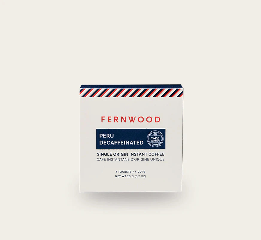 Instant Decaf Coffee by Fernwood in white packaging, single origin Peruvian crystallized coffee ideal for quick brewing in Canada-made batches
