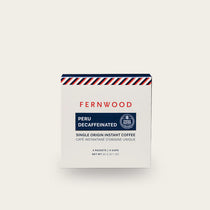 Instant Decaf Coffee by Fernwood in white packaging, single origin Peruvian crystallized coffee ideal for quick brewing in Canada-made batches