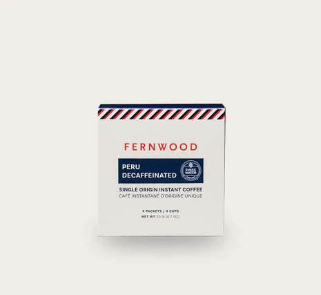Instant Decaf Coffee by Fernwood in white packaging, single origin Peruvian crystallized coffee ideal for quick brewing in Canada-made batches