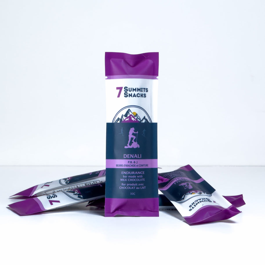 Denali Milk Chocolate Endurance Bar (30g) by 7 Summit Snacks in purple and white with honey and peanut butter for running energy and endurance