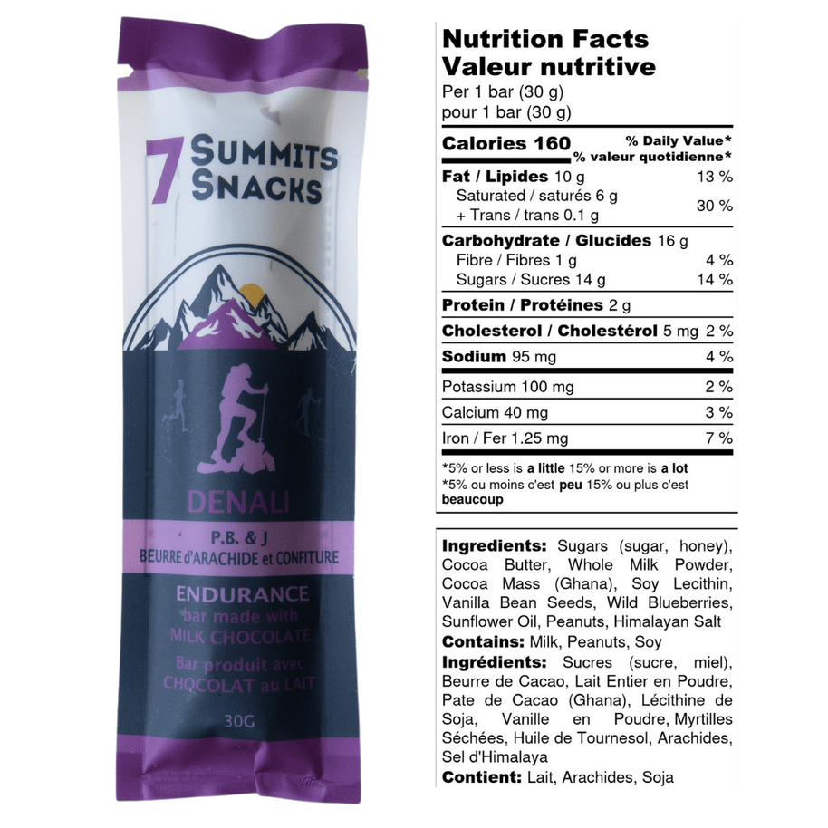 Denali Milk Chocolate Endurance Bar (30g) by 7 Summit Snacks in purple, milk chocolate with honey and peanut butter, energy bar for running and endurance