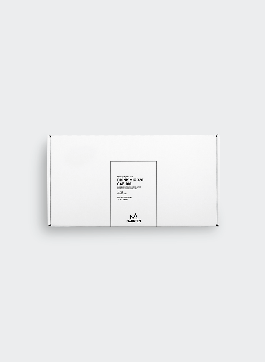 Drink Mix 320 Caf 100 by Maurten in white packaging, caffeine and carbohydrate drink mix for hydration and running nutrition in Canada