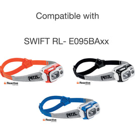 Swift RL Headband by Petzl in orange, black, and blue, durable replacement strap for comfort and performance in hiking and climbing.