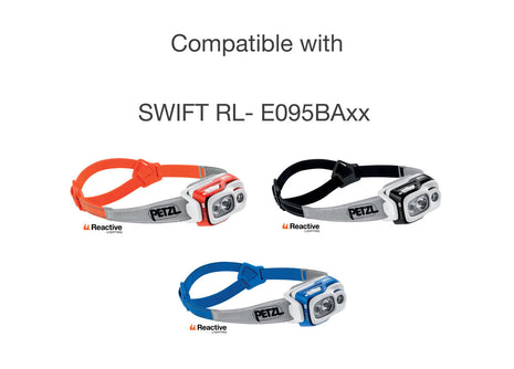 Swift RL Headband by Petzl in orange, black, and blue, durable replacement strap for comfort and performance in hiking and climbing.