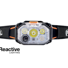 Front close-up of the Petzl Swift RL Headlamp lamp with black Petzl strap and Reactive Lighting logo