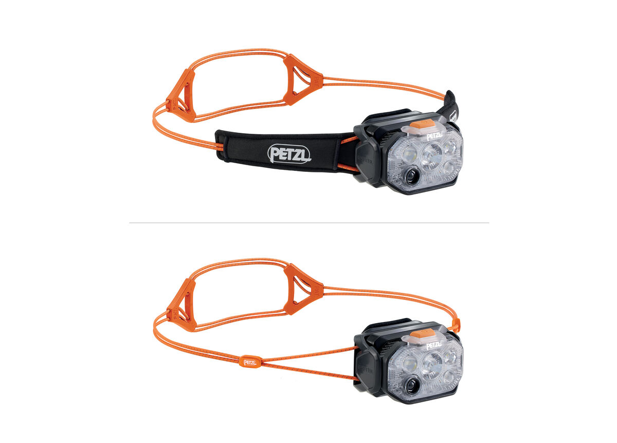 Petzl Swift RL Headlamp shown with black fabric headband and with orange cord headband for comparison
