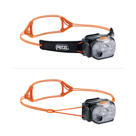 Petzl Swift RL Headlamp shown with black fabric headband and with orange cord headband for comparison