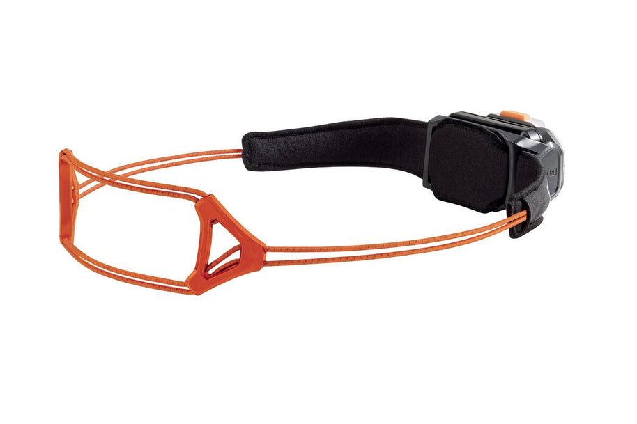Side view of the Petzl Swift RL Headlamp with black rear pad and orange cord frame