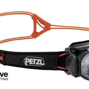 Petzl Swift RL Headlamp with black Petzl headband and orange cords, Reactive Lighting logo
