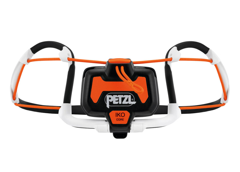 IKO Core Lamp by Petzl in black and orange, rechargeable headlamp with 500 lumens and AIRFIT headband for lightweight safety use