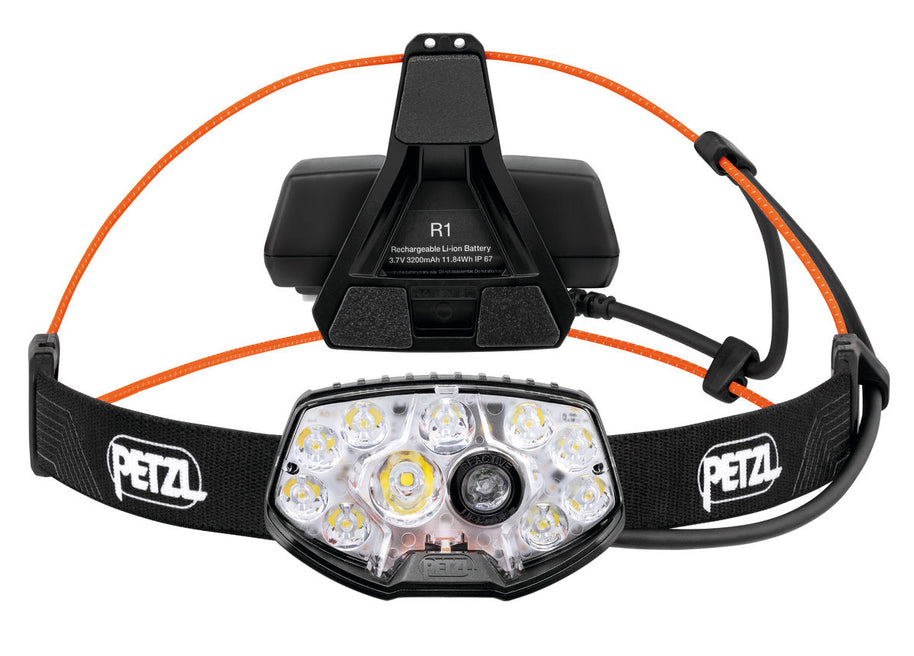 Nao RL Headlamp by Petzl in black with orange accents, 1500 lumens rechargeable trail running headlamp, lightweight and adjustable.