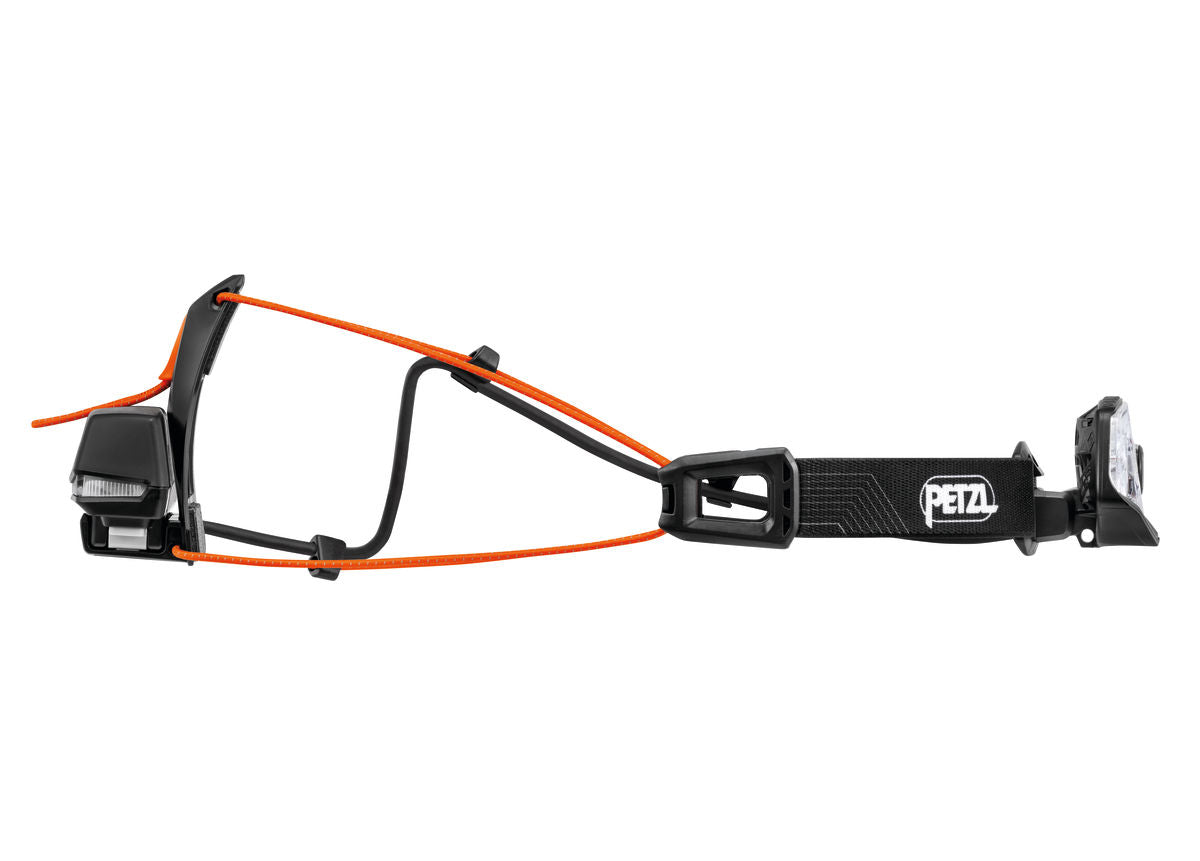 Nao RL Headlamp by Petzl in black and orange, rechargeable 1500 lumens lightweight headlamp for trail running and safety