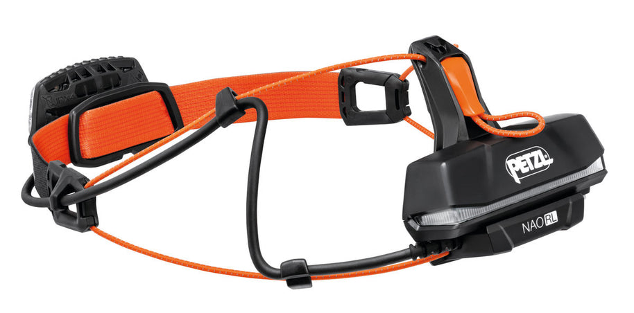 Nao RL Headlamp by Petzl in black and orange, 1500 lumens rechargeable headlamp with adjustable band for ultra-running and trail safety