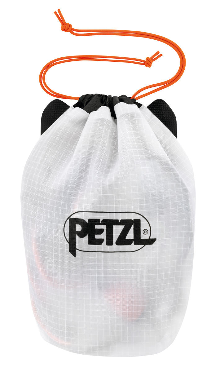Nao RL Headlamp by Petzl in white bag with orange drawstring, lightweight rechargeable headlamp for ultra-running and trail safety