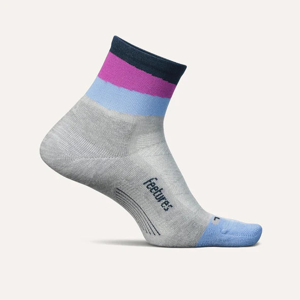 Elite Light Cushion Quarter by Feetures in grey, pink, and blue anatomical running sock with targeted compression for extra mile support