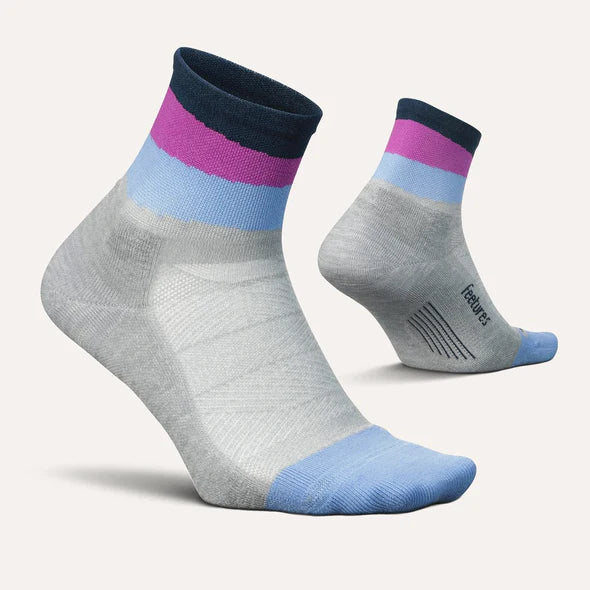 Elite Light Cushion Quarter by Feetures in grey, blue, and pink socks with anatomical design and Targeted Comp for running comfort