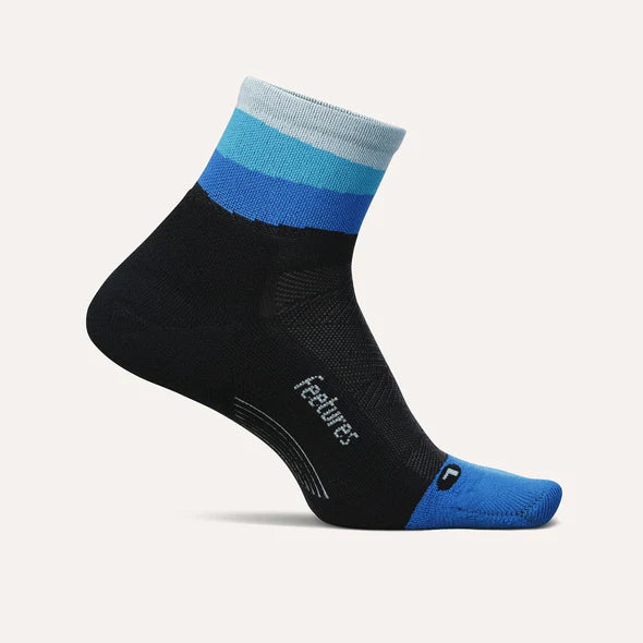 Elite Light Cushion Quarter sock by Feetures in black and blue, anatomical design with targeted compression for running and movement