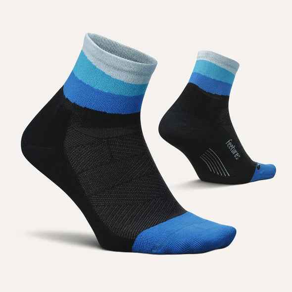 Elite Light Cushion Quarter by Feetures in black and blue with anatomical design and targeted compression for running and active use