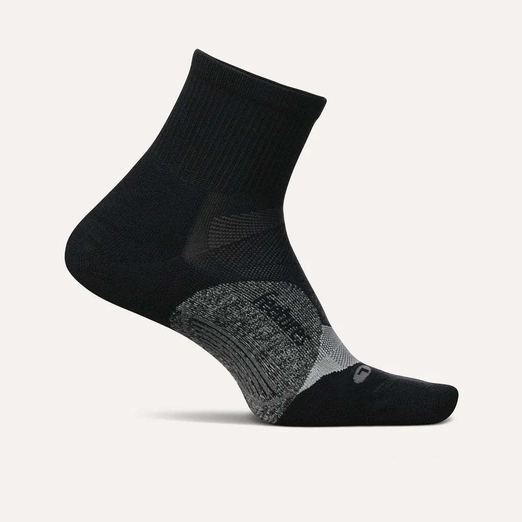 Elite Light Cushion Quarter by Feetures in black and grey, lightweight anatomical running sock with targeted compression for comfort and performance