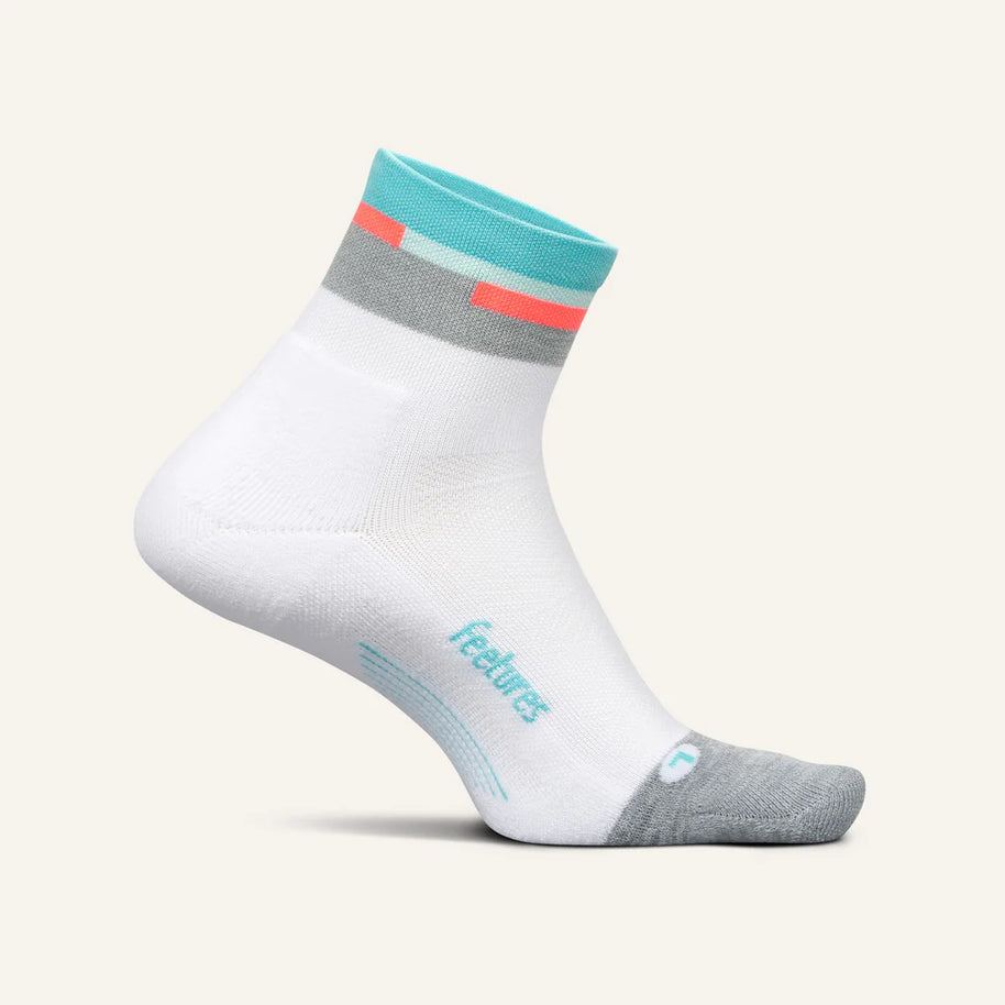 Elite Light Cushion Quarter by Feetures in white, grey, and turquoise, anatomical socks with targeted comp for running and extra comfort