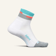 Elite Light Cushion Quarter by Feetures in white, grey, and turquoise, anatomical socks with targeted comp for running and extra comfort