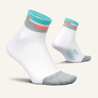 Elite Light Cushion Quarter by Feetures in white, grey, and teal with anatomical design and targeted compression for running and extended wear