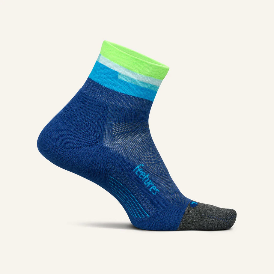 Elite Light Cushion Quarter by Feetures in navy blue, teal, and lime green with anatomical design and targeted comp for running comfort