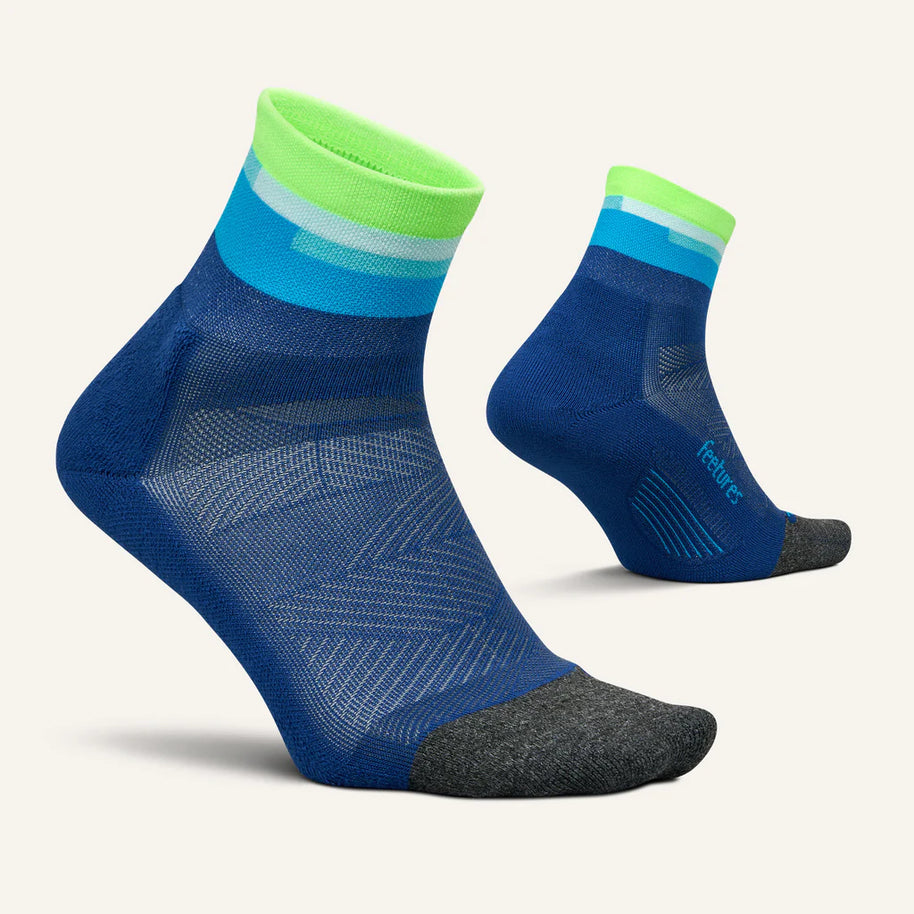 Elite Light Cushion Quarter by Feetures in blue and green with anatomical design and targeted comp for running and active use