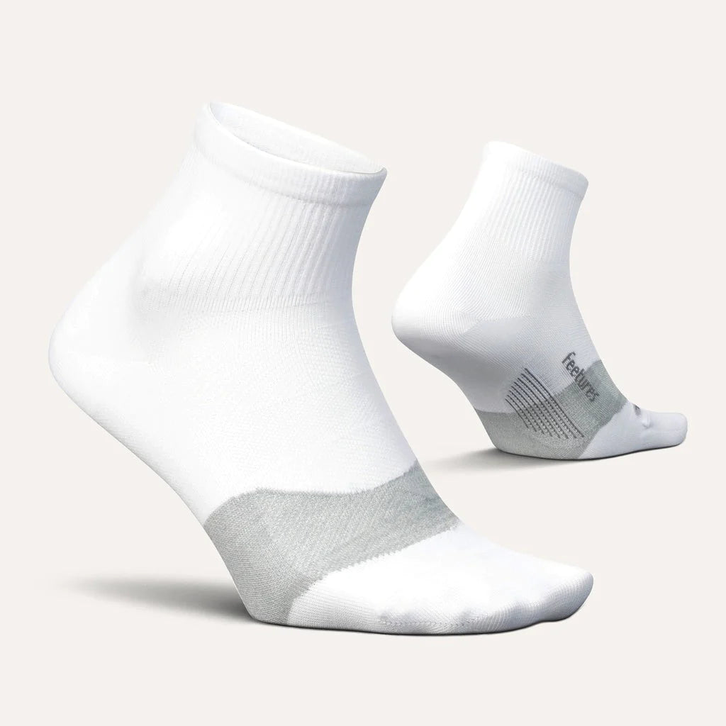 Elite Ultra Light Cushion Quarter by Feetures in white and gray, lightweight running socks with targeted compression and ultra light cushioning for support and comfort