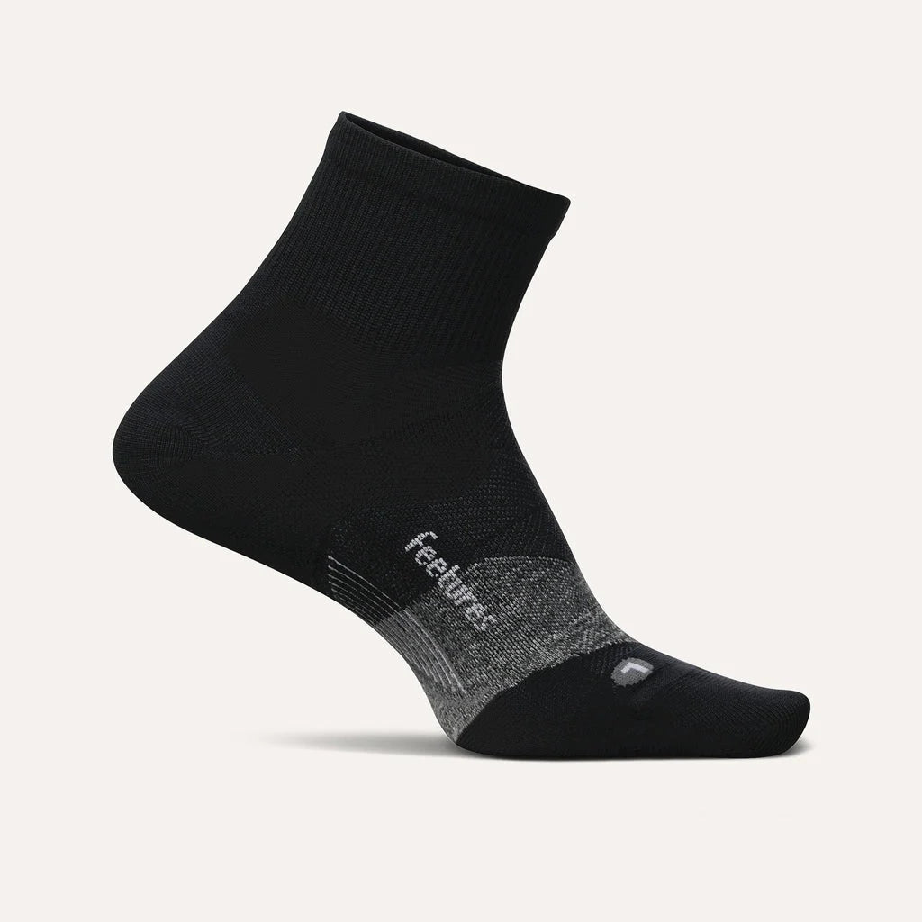 Elite Ultra Light Cushion Quarter by Feetures in black with targeted compression and ultra light cushioning for running and support
