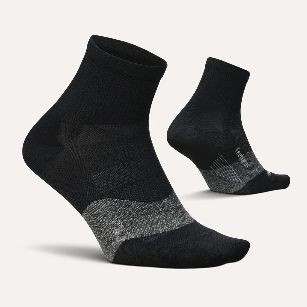 Elite Ultra Light Cushion Quarter by Feetures in black and grey with targeted compression and ultra light cushioning for running comfort and support