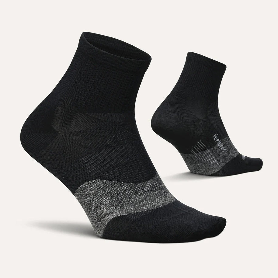 Elite Ultra Light Cushion Quarter by Feetures in black and grey with targeted compression and ultra light cushioning for running comfort and support
