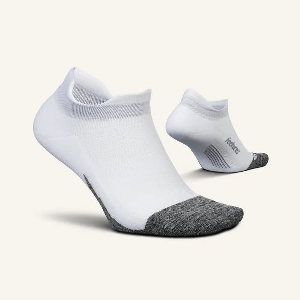 Elite Light Cushion No Show Tab by Feetures in white and grey, anatomically designed running socks with targeted compression for extra comfort and support