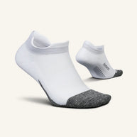 Elite Light Cushion No Show Tab by Feetures in white and grey, anatomically designed running socks with targeted compression for extra comfort and support