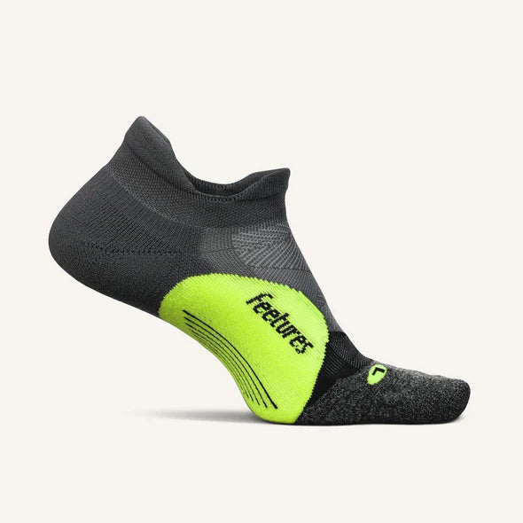 Elite Light Cushion No Show Tab by Feetures in black and neon yellow with anatomical design and targeted compression for running and active use