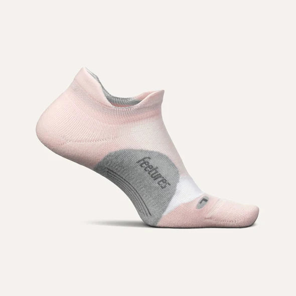 Elite Light Cushion No Show Tab - Women by Feetures in pink and grey with anatomical design, targeted compression, and light cushioning for running.