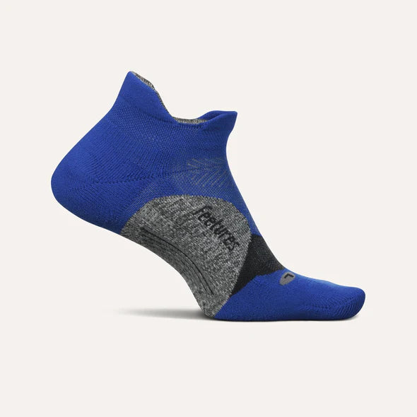 Elite Light Cushion No Show Tab - Women by Feetures in blue and grey with anatomical design, targeted compression, and light cushioning for running