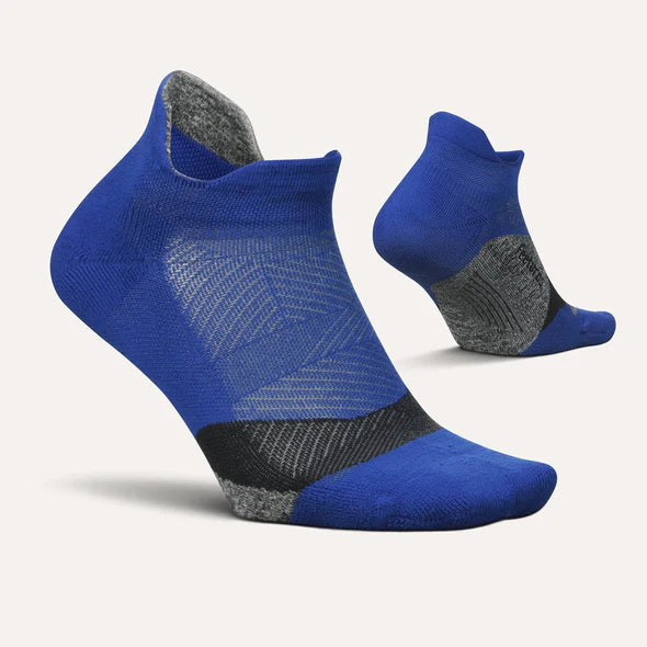 Elite Light Cushion No Show Tab - Women by Feetures in blue and grey with anatomical design, targeted compression, and light cushioning for running