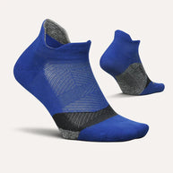 Elite Light Cushion No Show Tab - Women by Feetures in blue and grey with anatomical design, targeted compression, and light cushioning for running