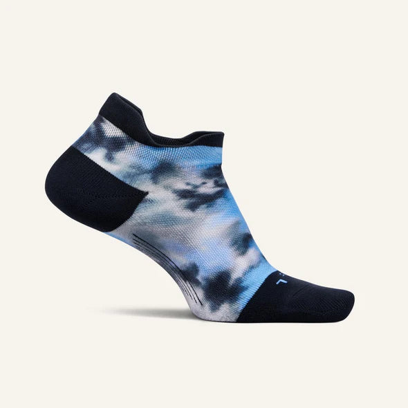 Elite Light Cushion No Show Tab Limited Edition Tie Dye - Women by Feetures in blue and black with targeted compression and anatomical fit for blister prevention