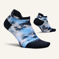 Elite Light Cushion No Show Tab Limited Edition Tie Dye - Women by Feetures in blue and black with targeted compression and anatomical fit for running comfort